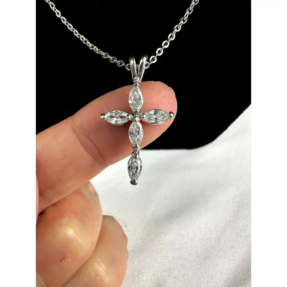 Vintage Marquise Cut Cross Pendant Necklace Silver Tone Clear CZ Rhinestone